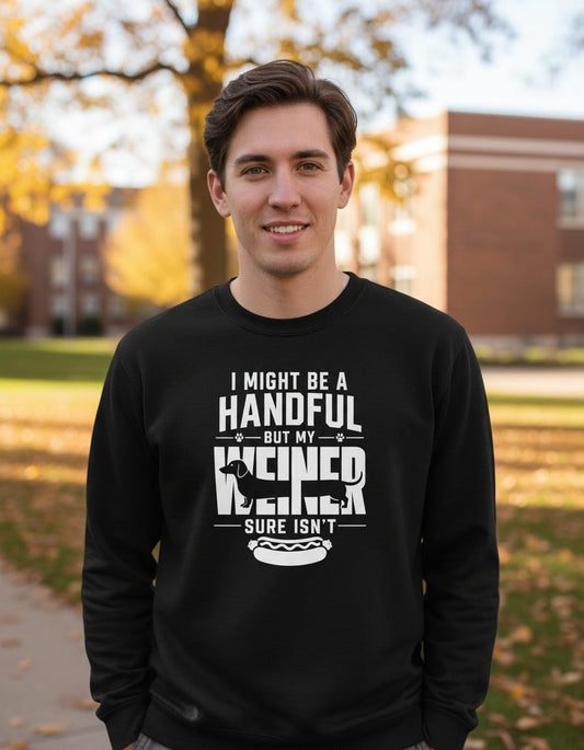 I Might Be a Handful but My Weiner Sure Isn't dachshund Sweatshirt Black lifestyle mockup