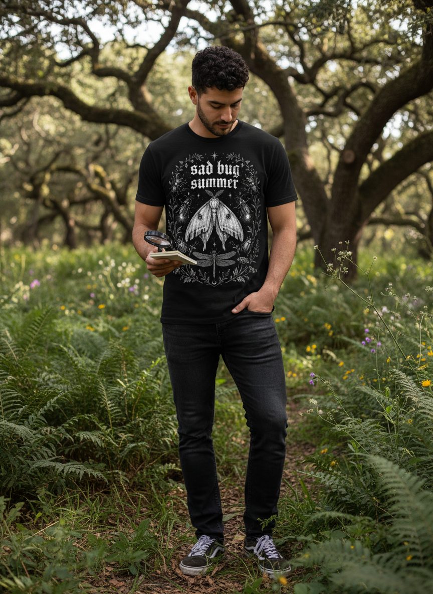 Sad Bug Summer Vintage Insects T-Shirt - lifestyle model mockup - Black