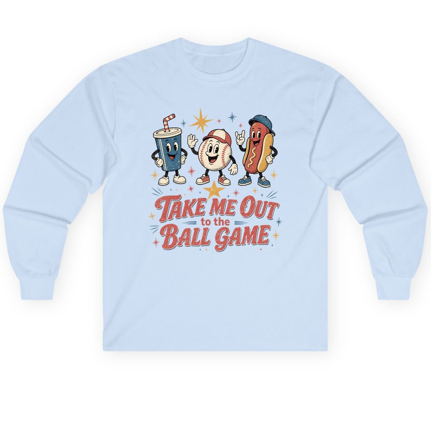 Take Me Out to the Ball Game Retro Baseball Long Sleeve Tee - product mockup - Light Blue