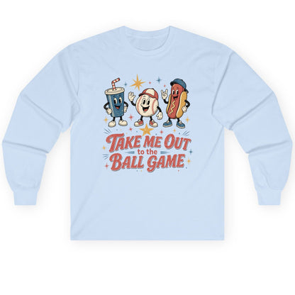 Take Me Out to the Ball Game Retro Baseball Long Sleeve Tee - product mockup - Light Blue