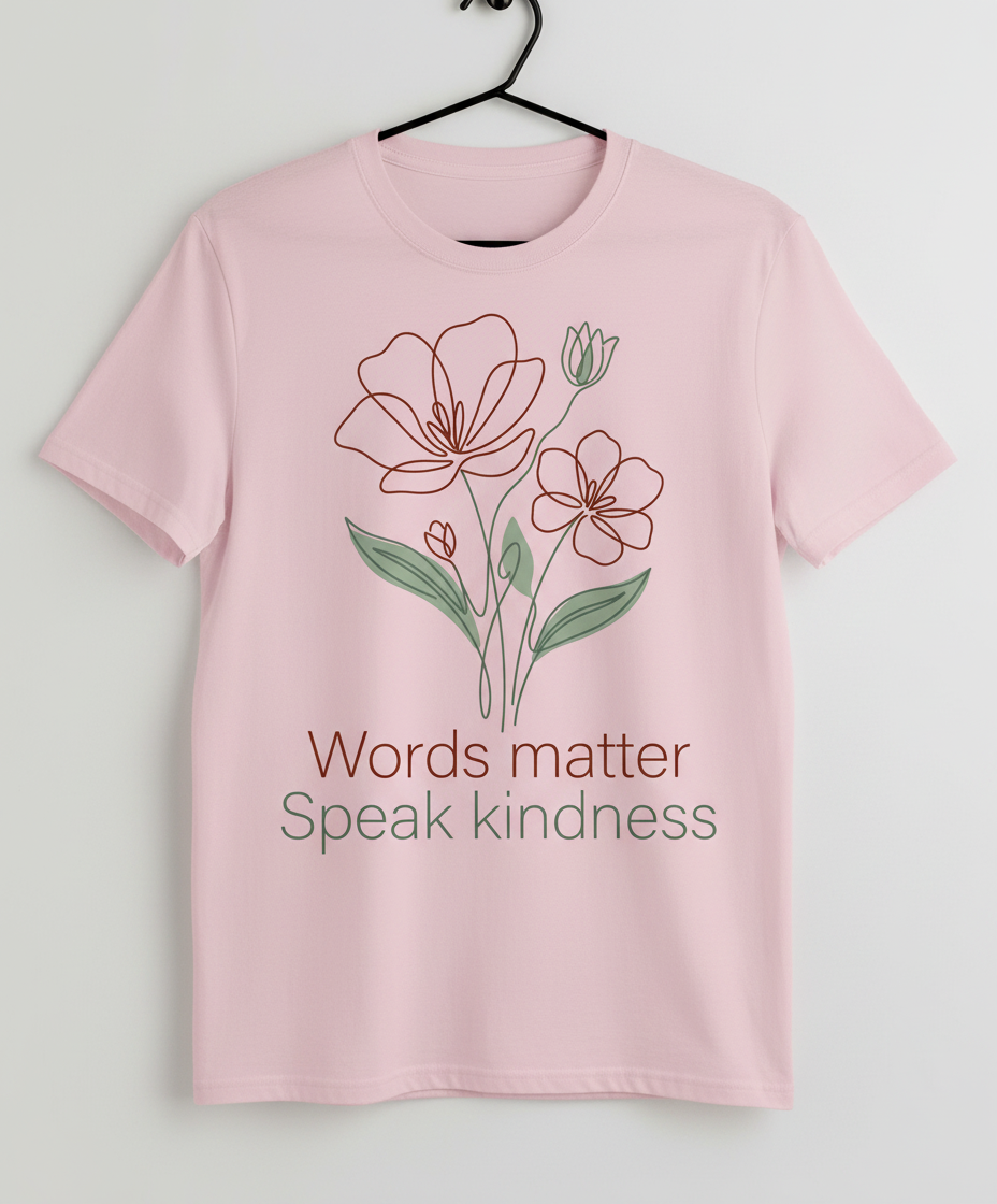 Words Matter Speak Kindness Floral Line Art T-Shirt - Light Pink