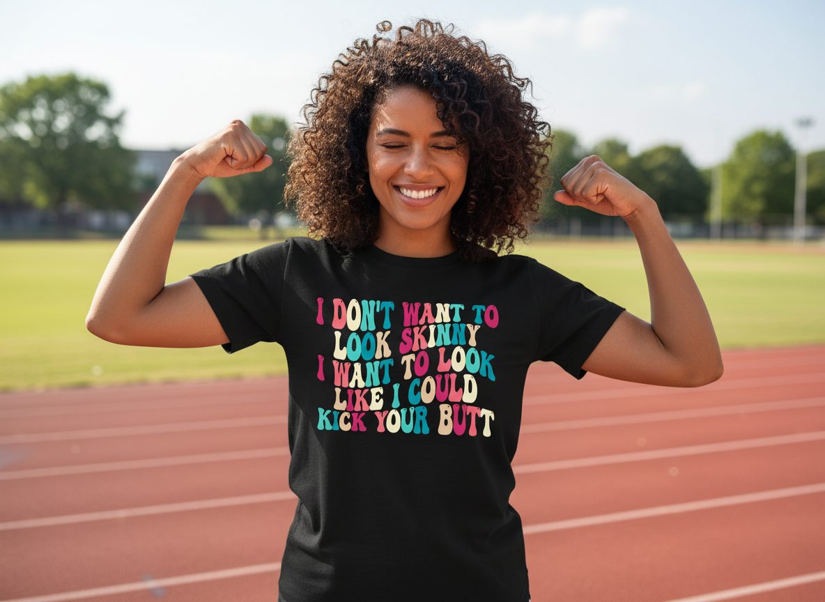 I Don't Want to Look Skinny I Want to Look Like I Could Kick Your Butt fitness motivation T-Shirt Black lifestyle mockup