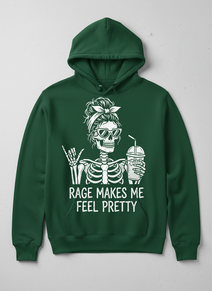 Rage Makes Me Feel Pretty Skeleton Messy Bun Hoodie - Forest Green
