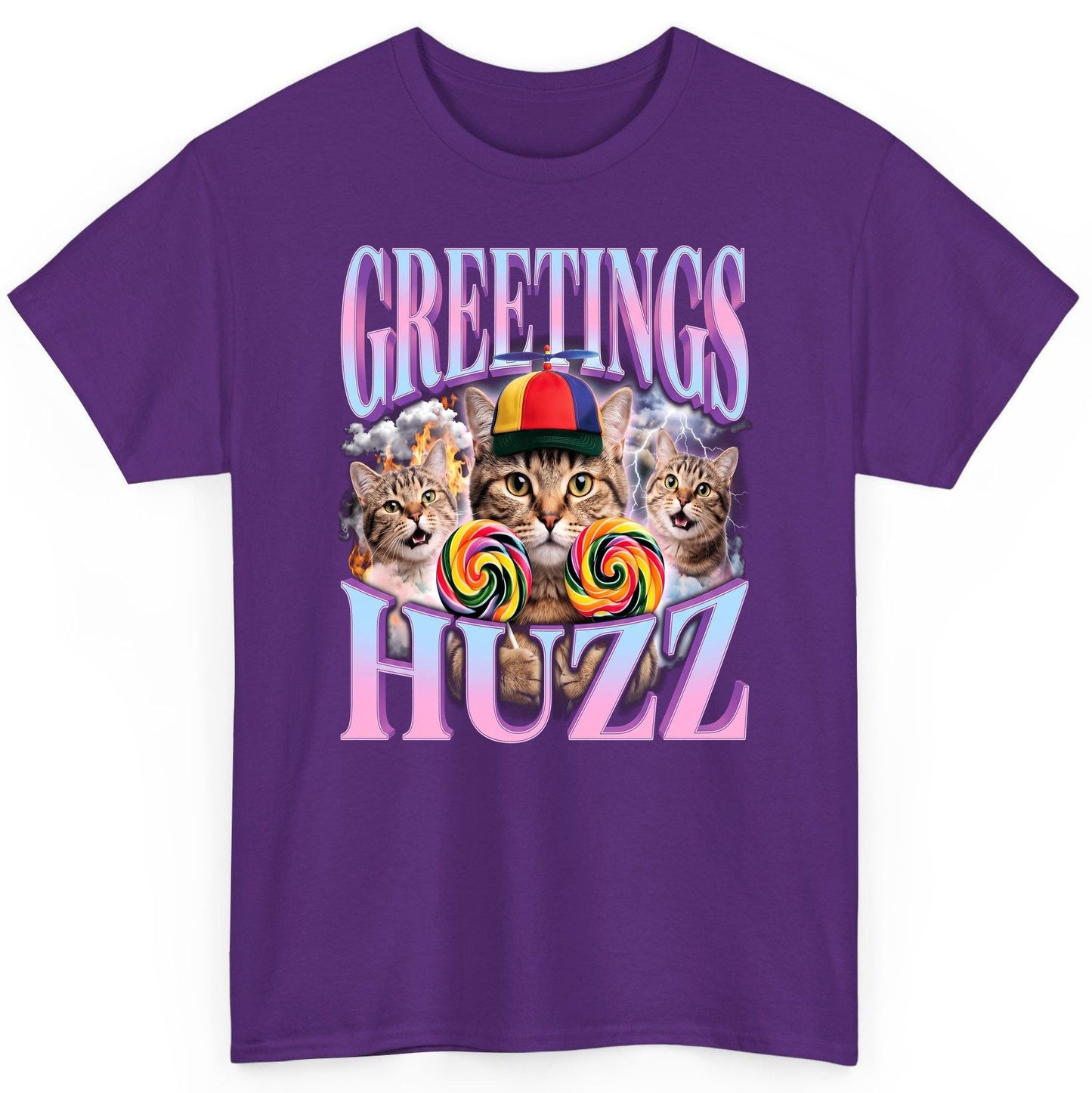 Greetings Huzz Funny Cats T-Shirt - product mockup - Purple
