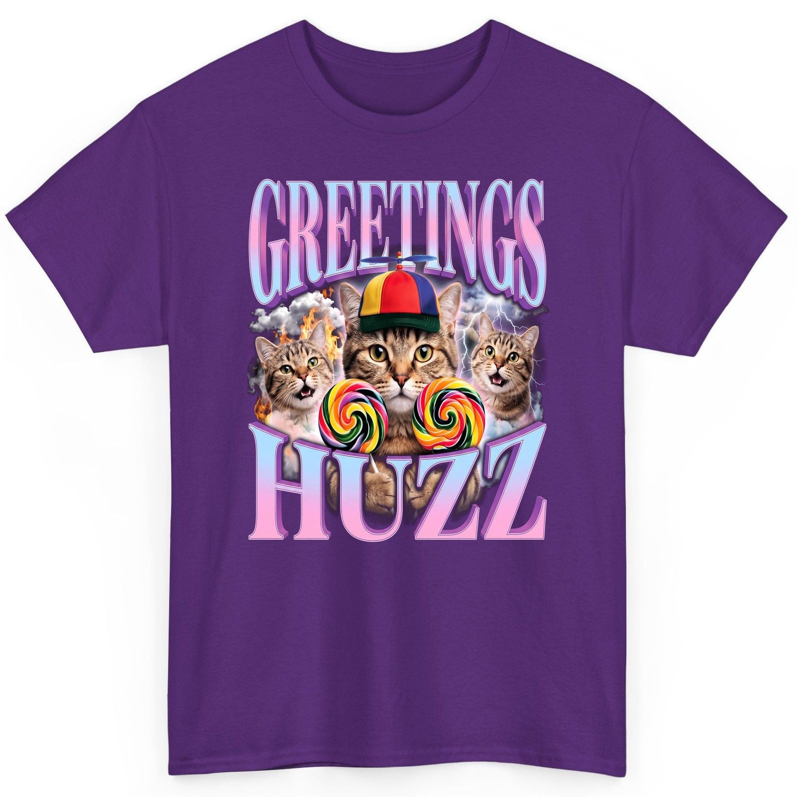 Greetings Huzz Funny Cats T-Shirt - product mockup - Purple