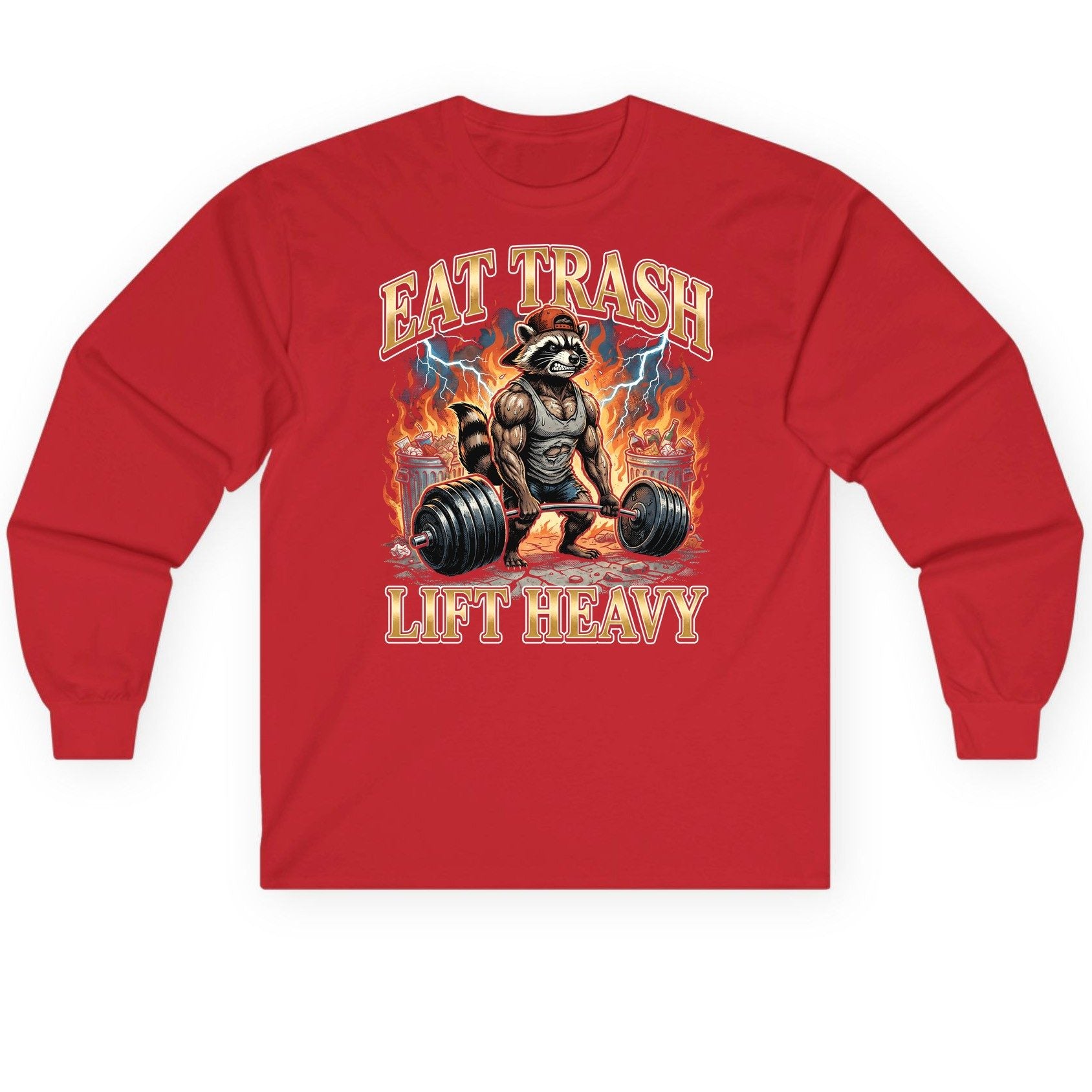 Eat Trash Lift Heavy raccoon Long Sleeve Tee Red product mockup