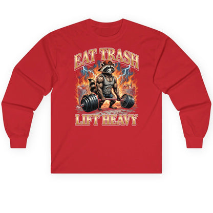 Eat Trash Lift Heavy raccoon Long Sleeve Tee Red product mockup
