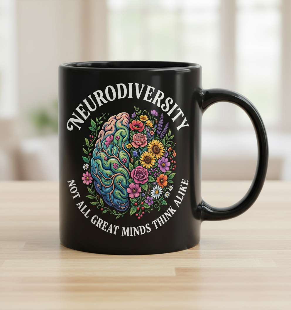 Neurodiversity Floral Brain 'Not All Great Minds Think Alike' Black Mug - Black