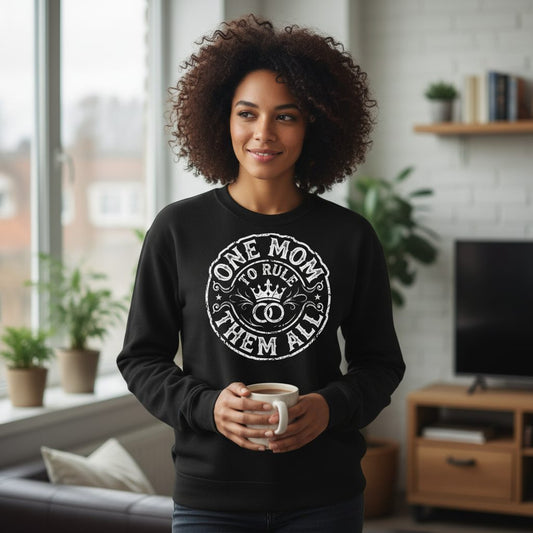 One Mom to Rule Them All Funny Moms Sweatshirt - lifestyle model mockup - Black