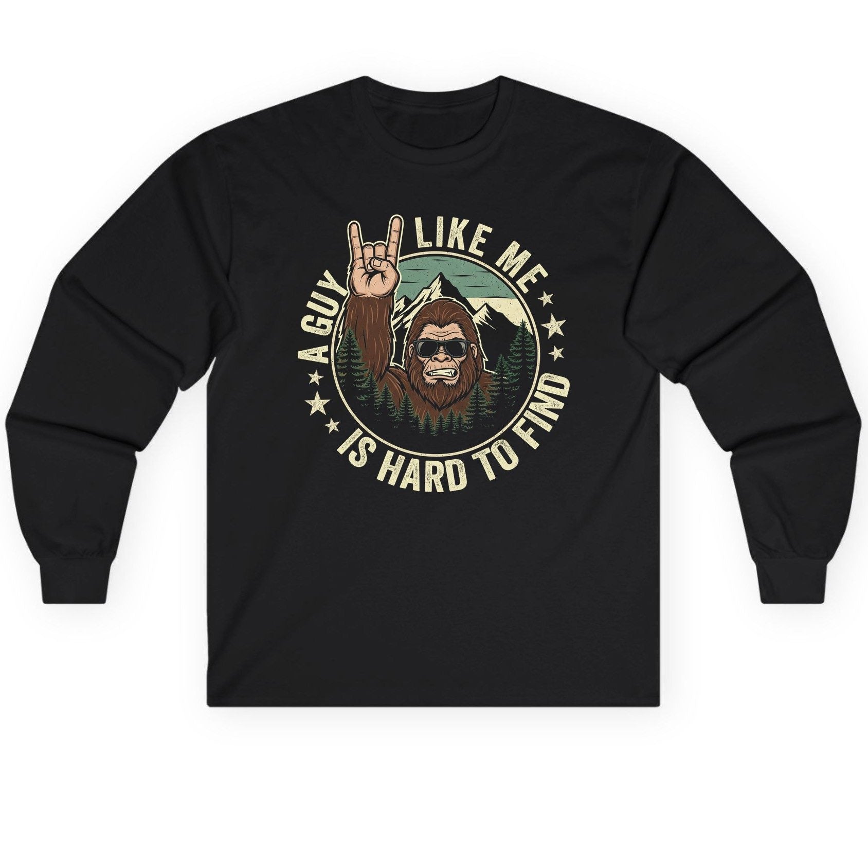 A Guy Like Me Is Hard to Find bigfoot Long Sleeve Tee Black product mockup
