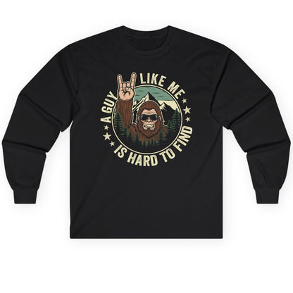 A Guy Like Me Is Hard to Find bigfoot Long Sleeve Tee Black product mockup