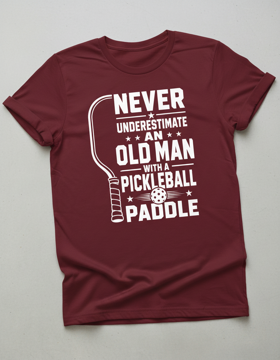 Never Underestimate An Old Man With A Pickleball Paddle T-Shirt - Maroon