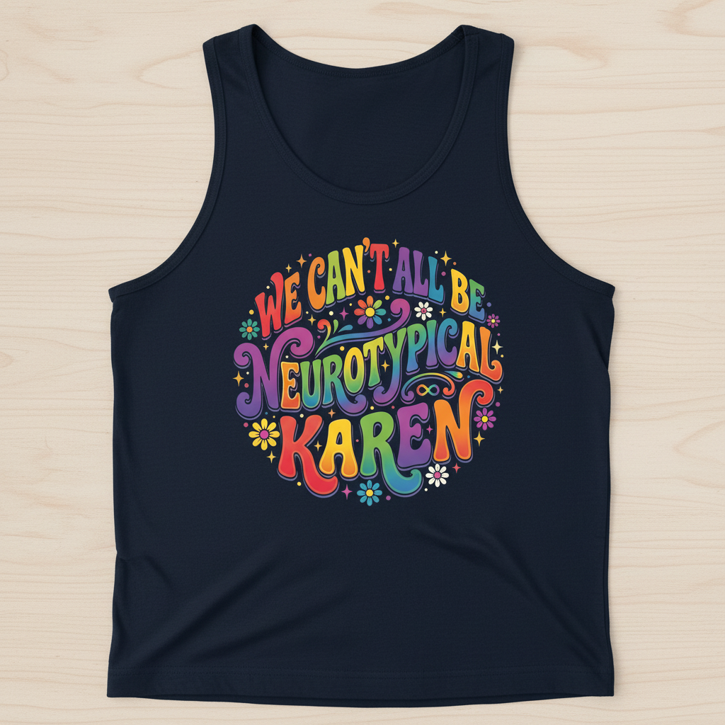 We Can't All Be Neurotypical Karen Groovy Retro Design Tank Top - Navy