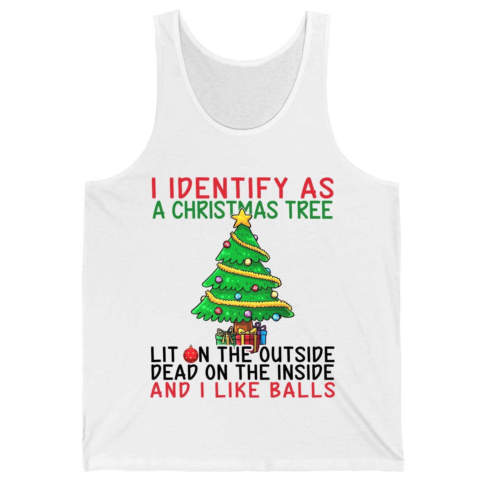 I Identify as a Christmas Tree and I Like Balls Christmas humor Tank Top White product mockup