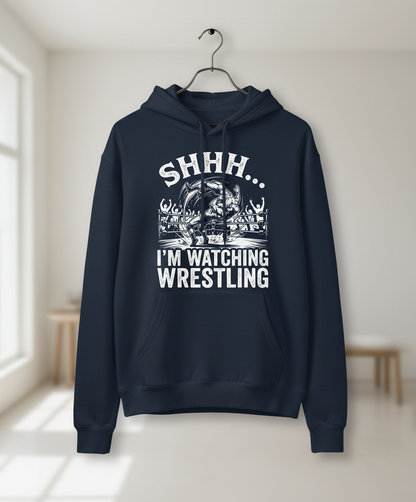 Shhh I'm Watching Wrestling Funny Fan Design Hoodie - Navy