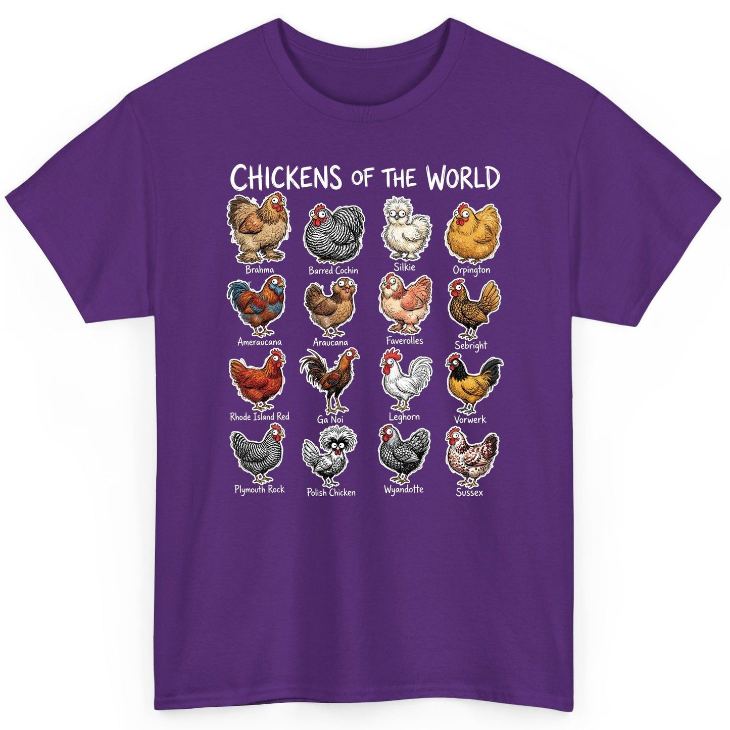 Chickens of the World chicken breeds T-Shirt Purple product mockup