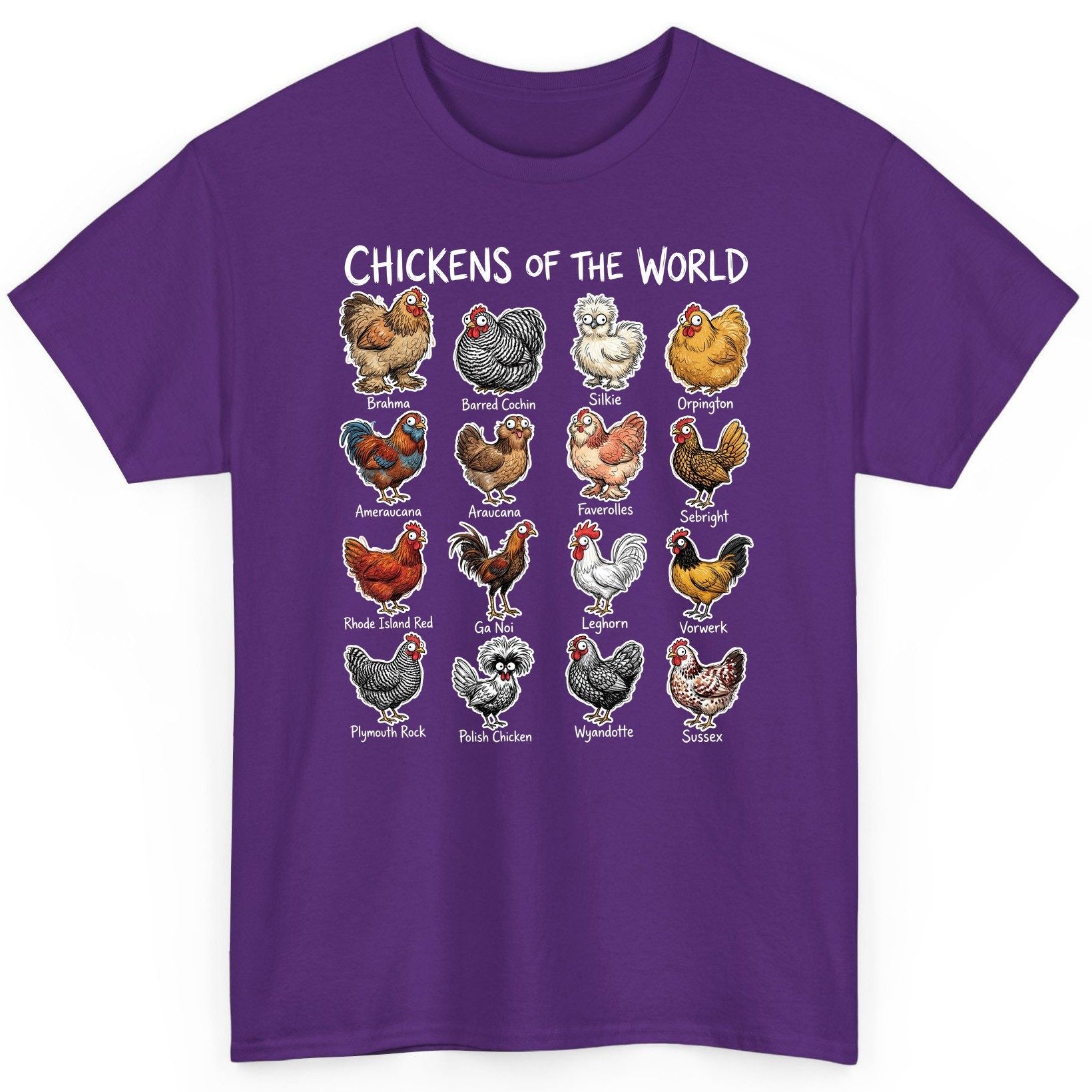 Chickens of the World chicken breeds T-Shirt Purple product mockup
