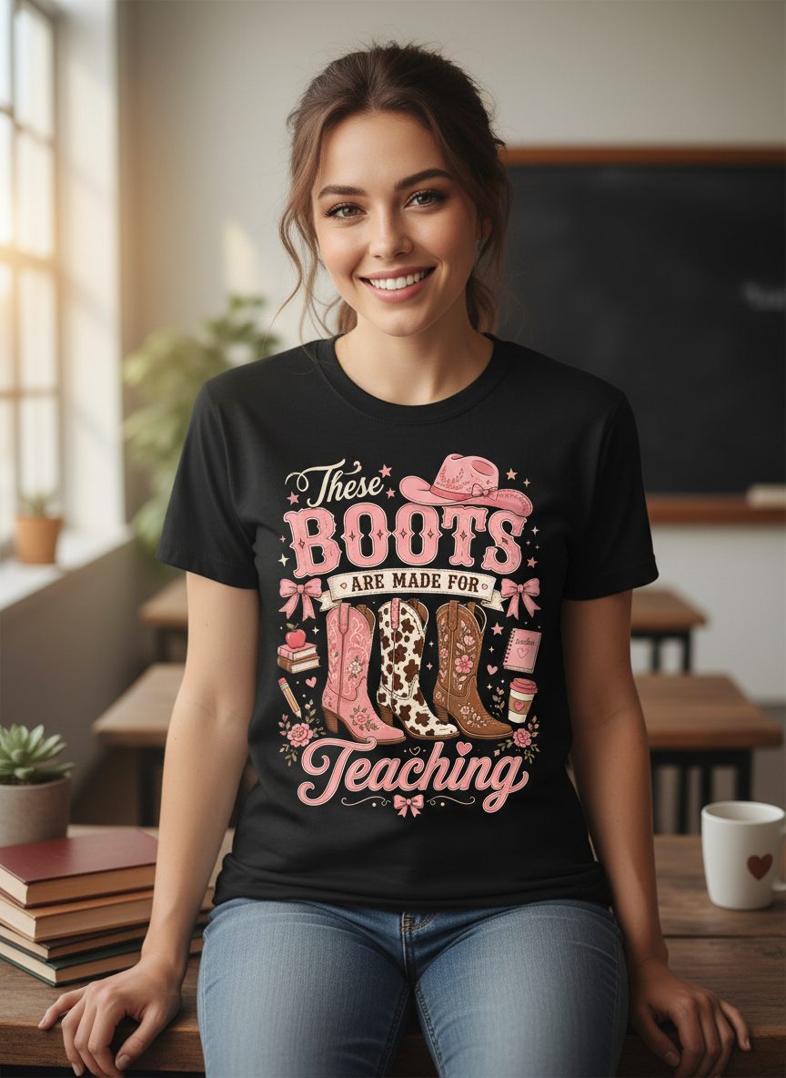 These Boots Are Made for Teaching Teacher T-Shirt - lifestyle model mockup - Black