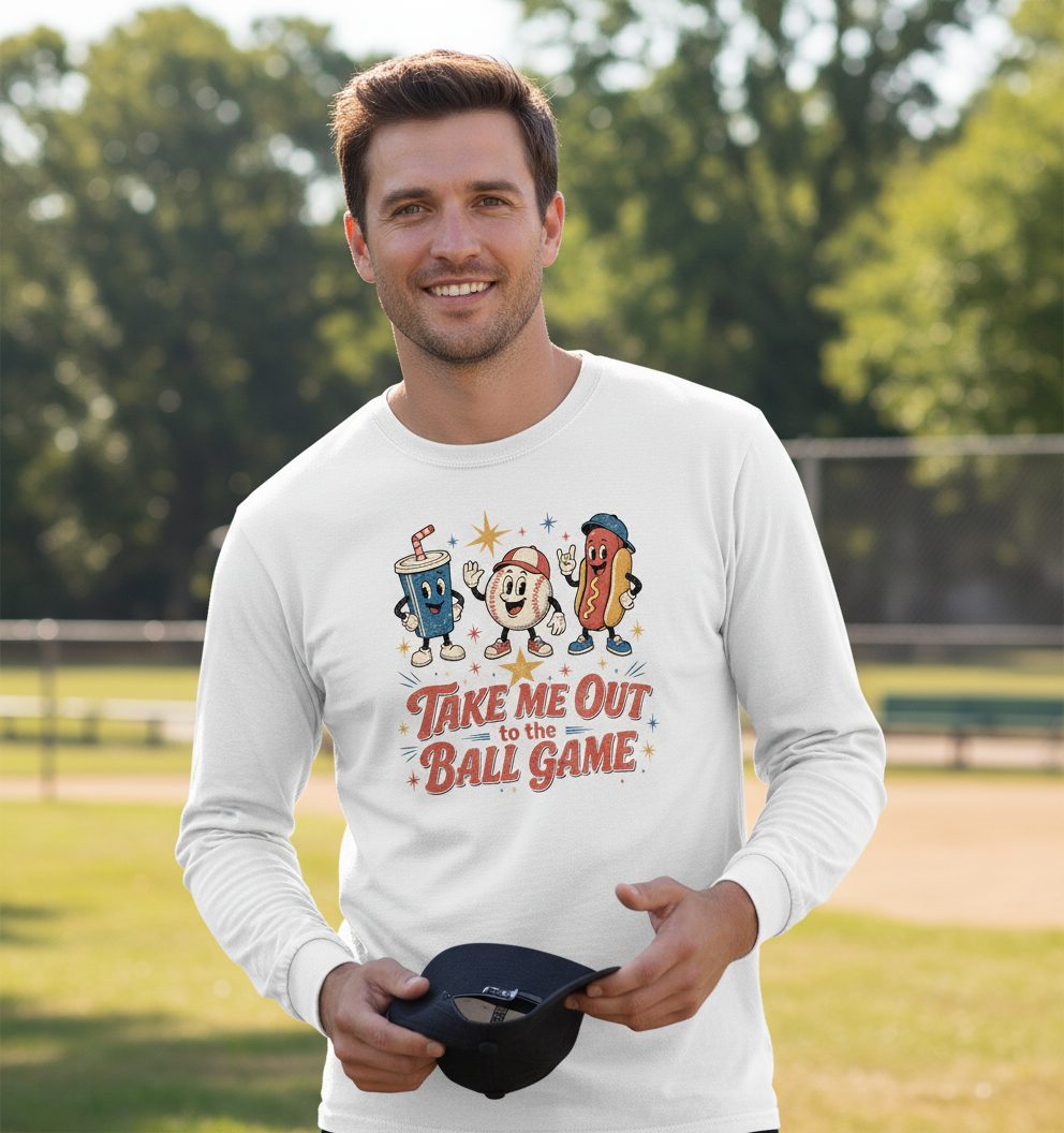 Take Me Out to the Ball Game Retro Baseball Long Sleeve Tee - lifestyle model mockup - White