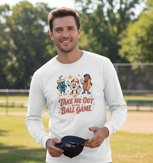 Take Me Out to the Ball Game Retro Baseball Long Sleeve Tee - lifestyle model mockup - White