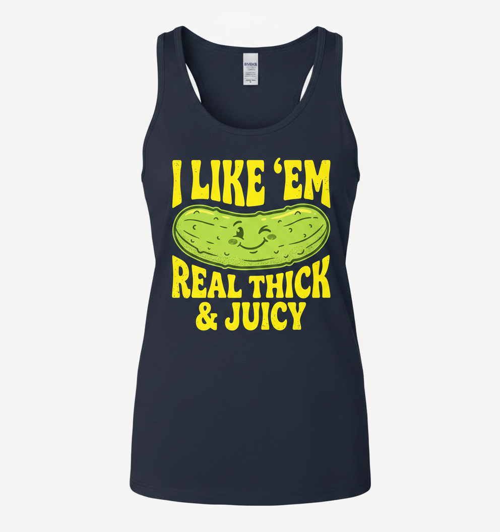 I Like 'Em Real Thick & Juicy Pickle Funny Food Pun Tank Top - Navy