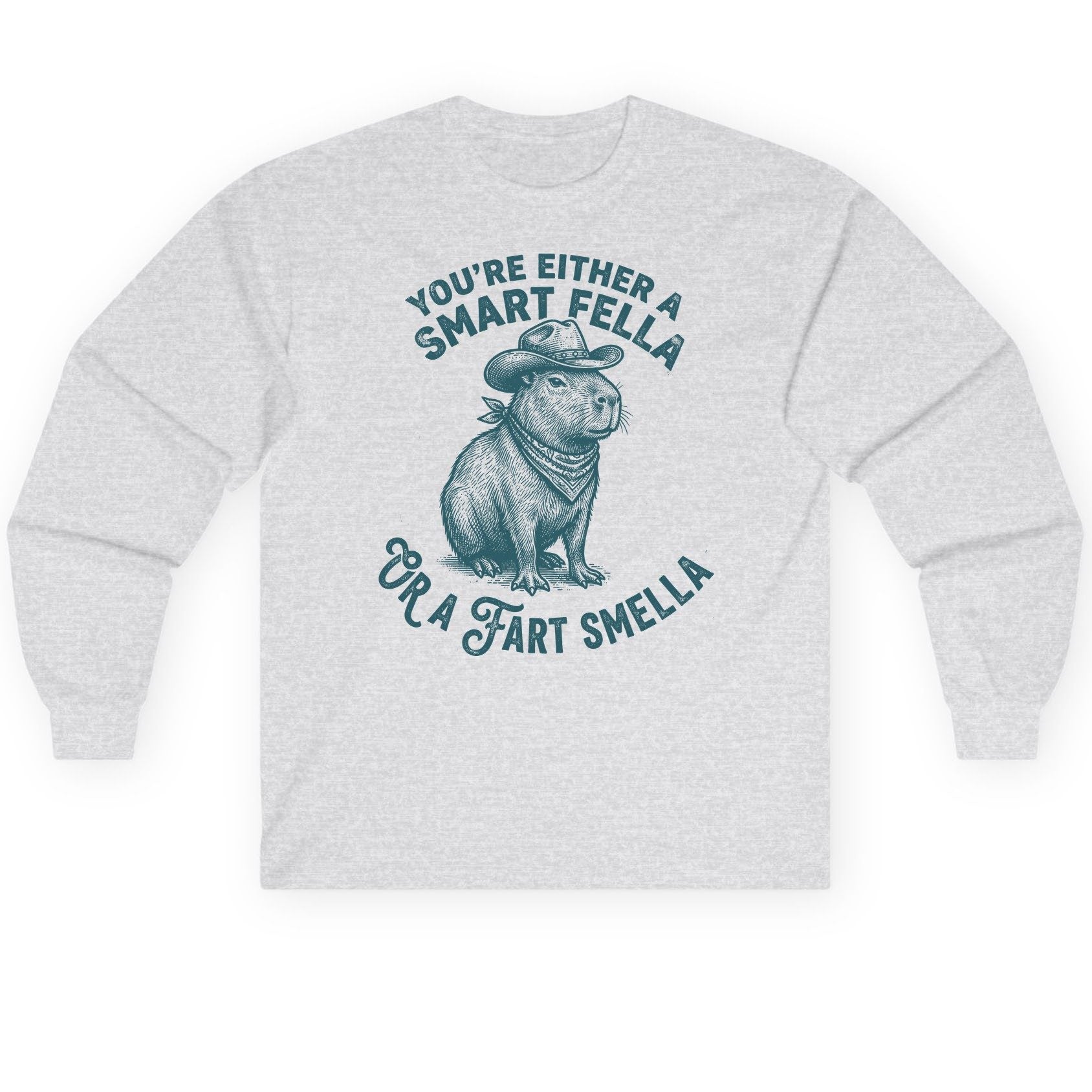 You're Either a Smart Fella or a Fart Smella capybara Long Sleeve Tee Ash product mockup