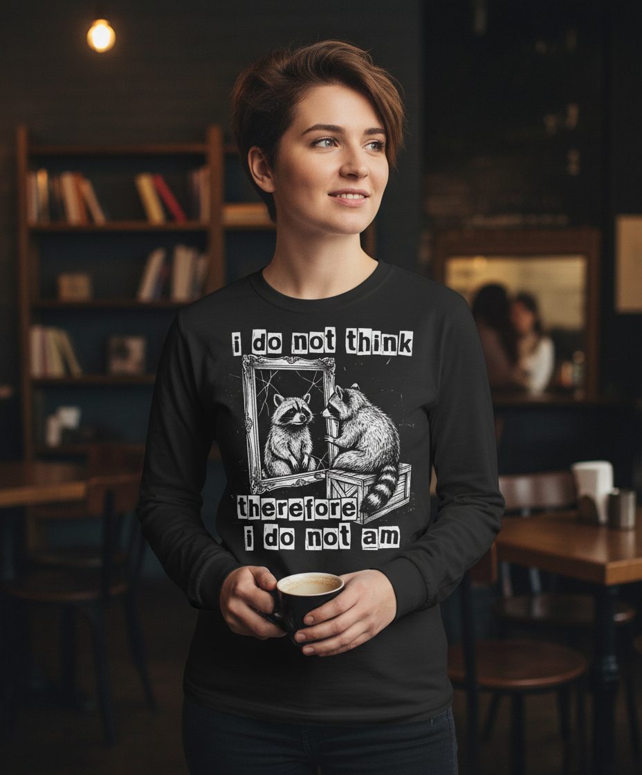 I Do Not Think Therefore I Do Not Am raccoon Long Sleeve Tee Black lifestyle mockup