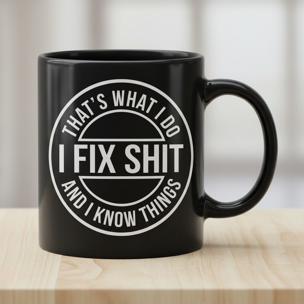That's What I Do I Fix Shit and I Know Things Funny Handyman Black Mug - product mockup - Black