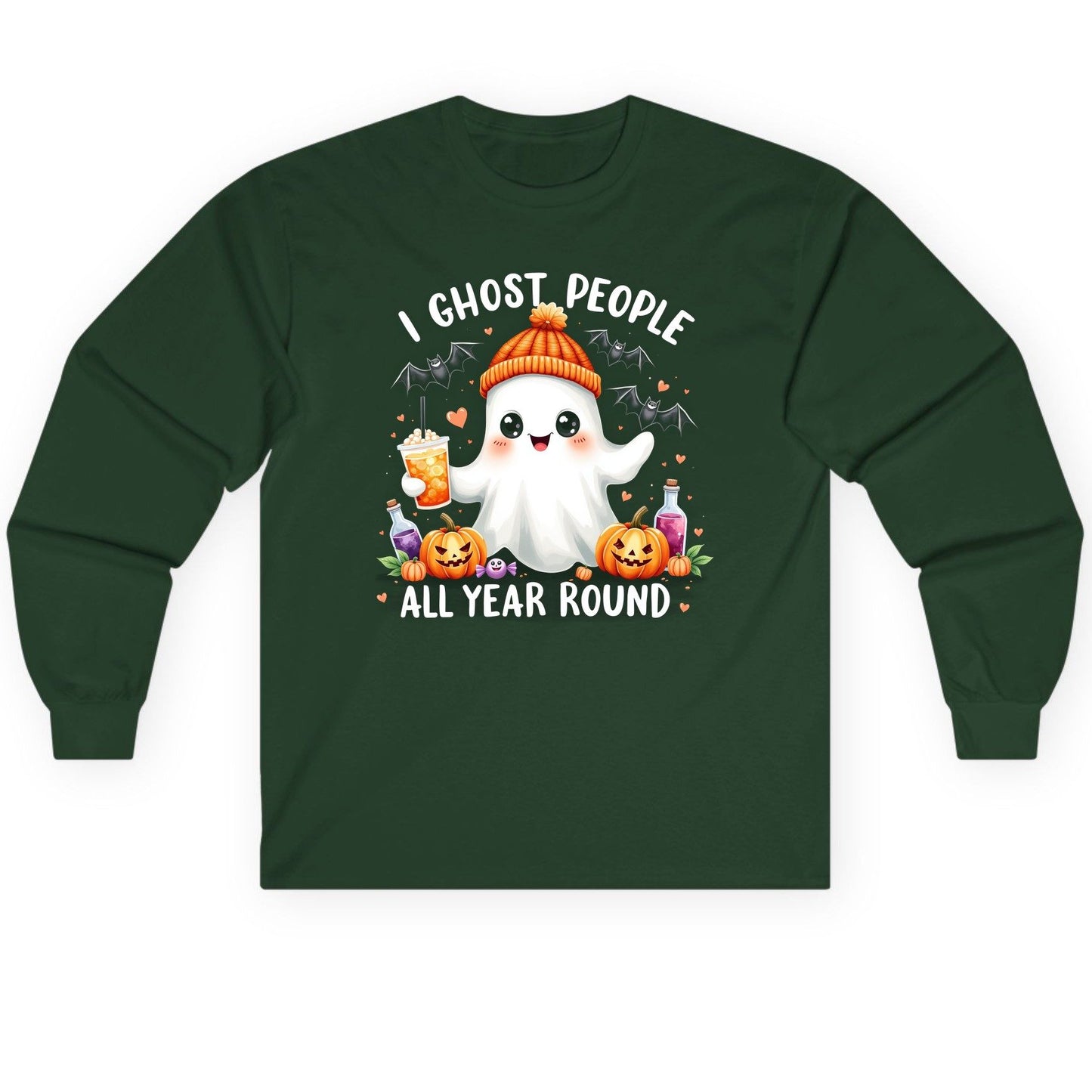 I Ghost People All Year Round cute ghost Long Sleeve Tee Forest Green product mockup