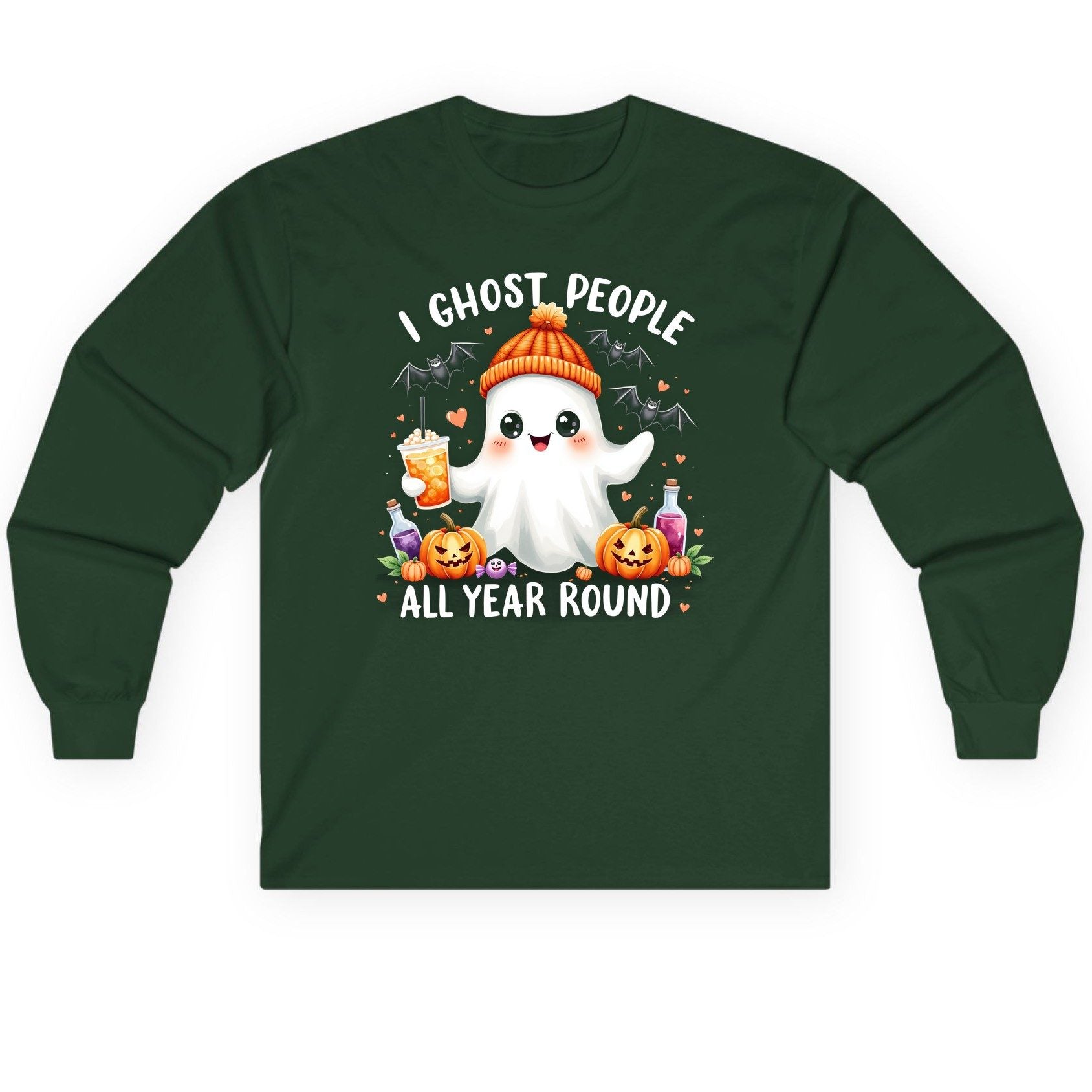 I Ghost People All Year Round cute ghost Long Sleeve Tee Forest Green product mockup