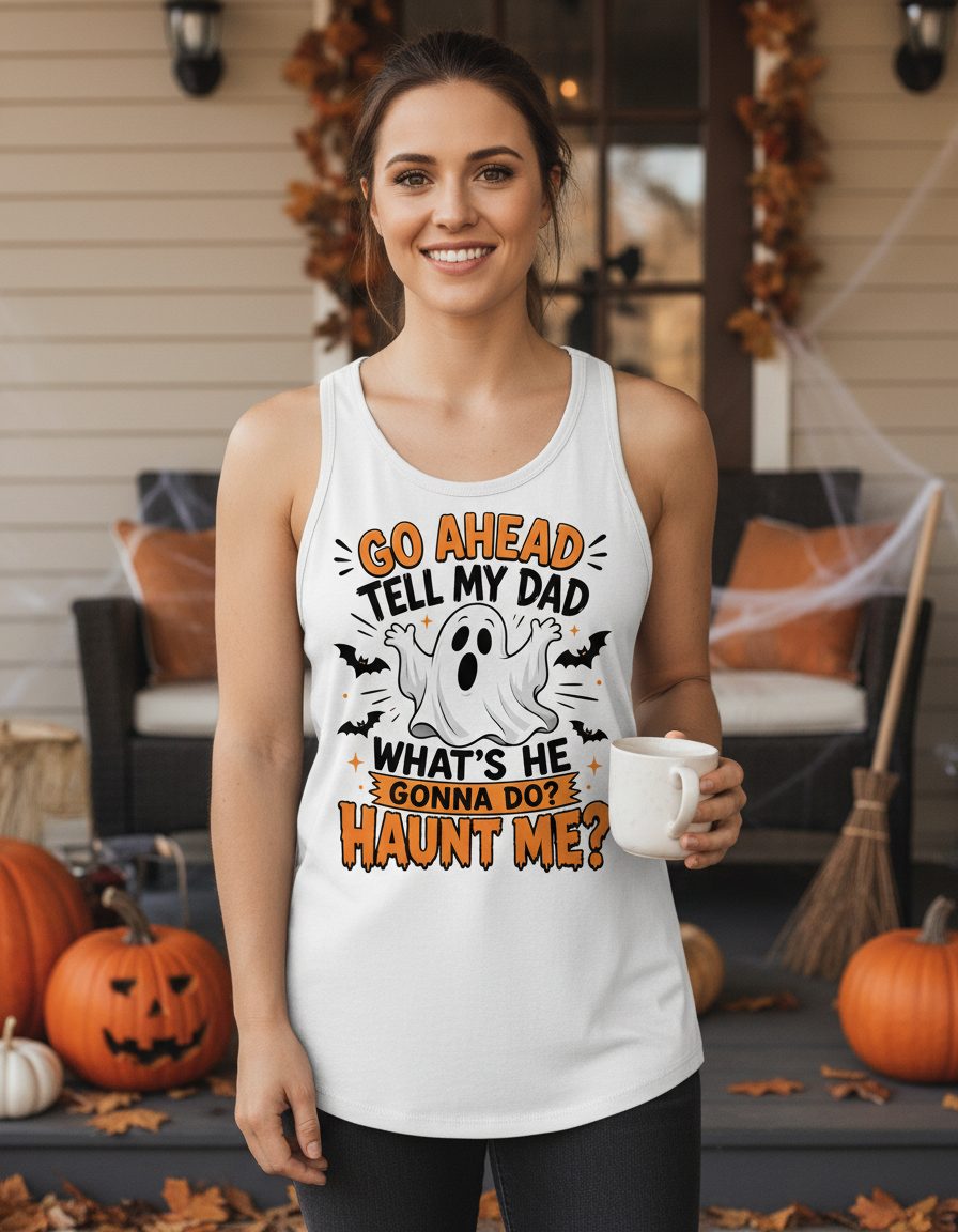 Go Ahead Tell My Dad What's He Gonna Do Haunt Me Tank Top - lifestyle model mockup - White