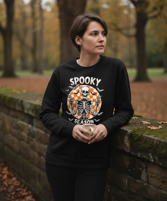 Spooky Season Halloween skeleton Sweatshirt Black lifestyle mockup