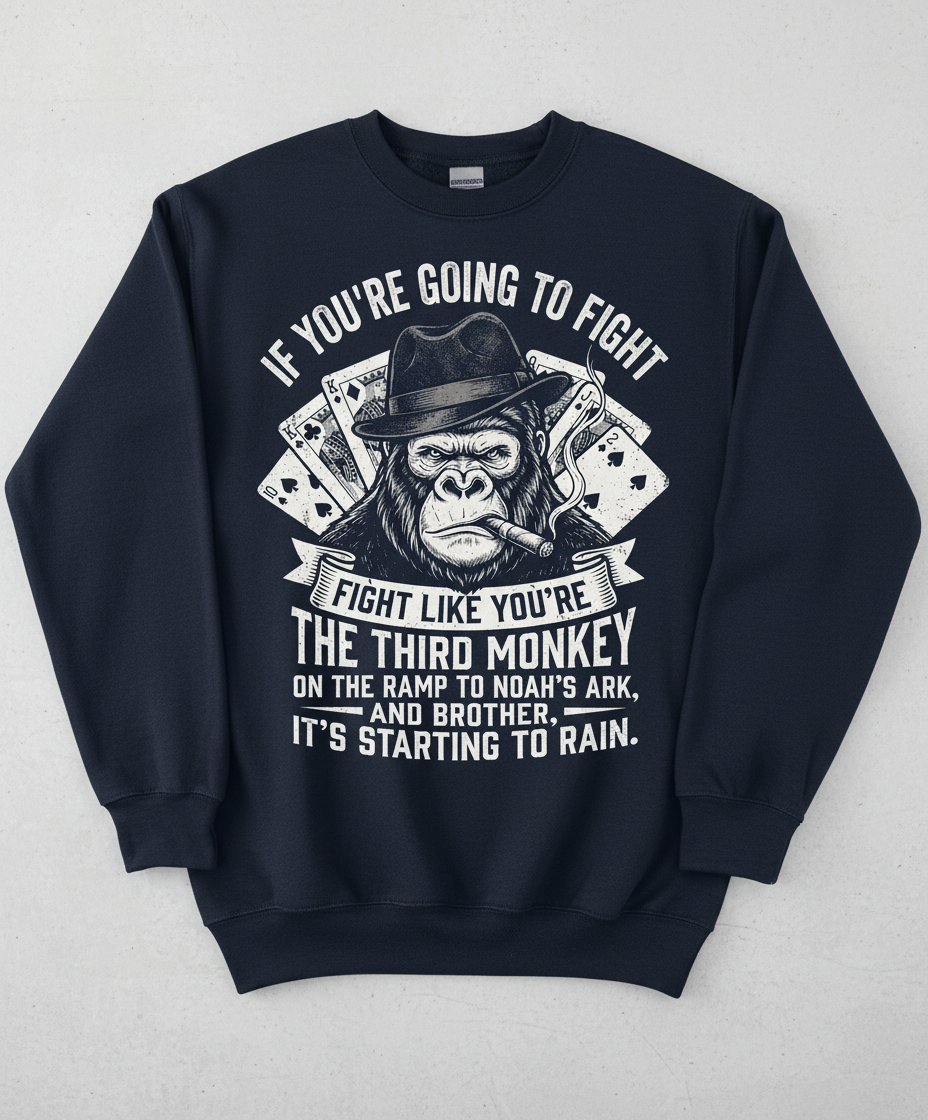 Third Monkey on Noah's Ark Fighting Gorilla Quote Sweatshirt - Navy