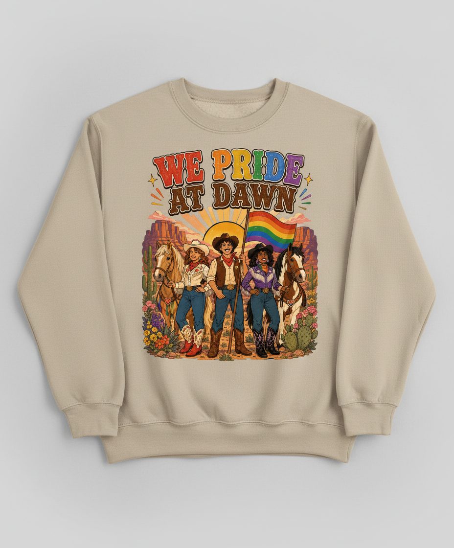 We Pride at Dawn Retro Lgbtq Sweatshirt - product mockup - Sand