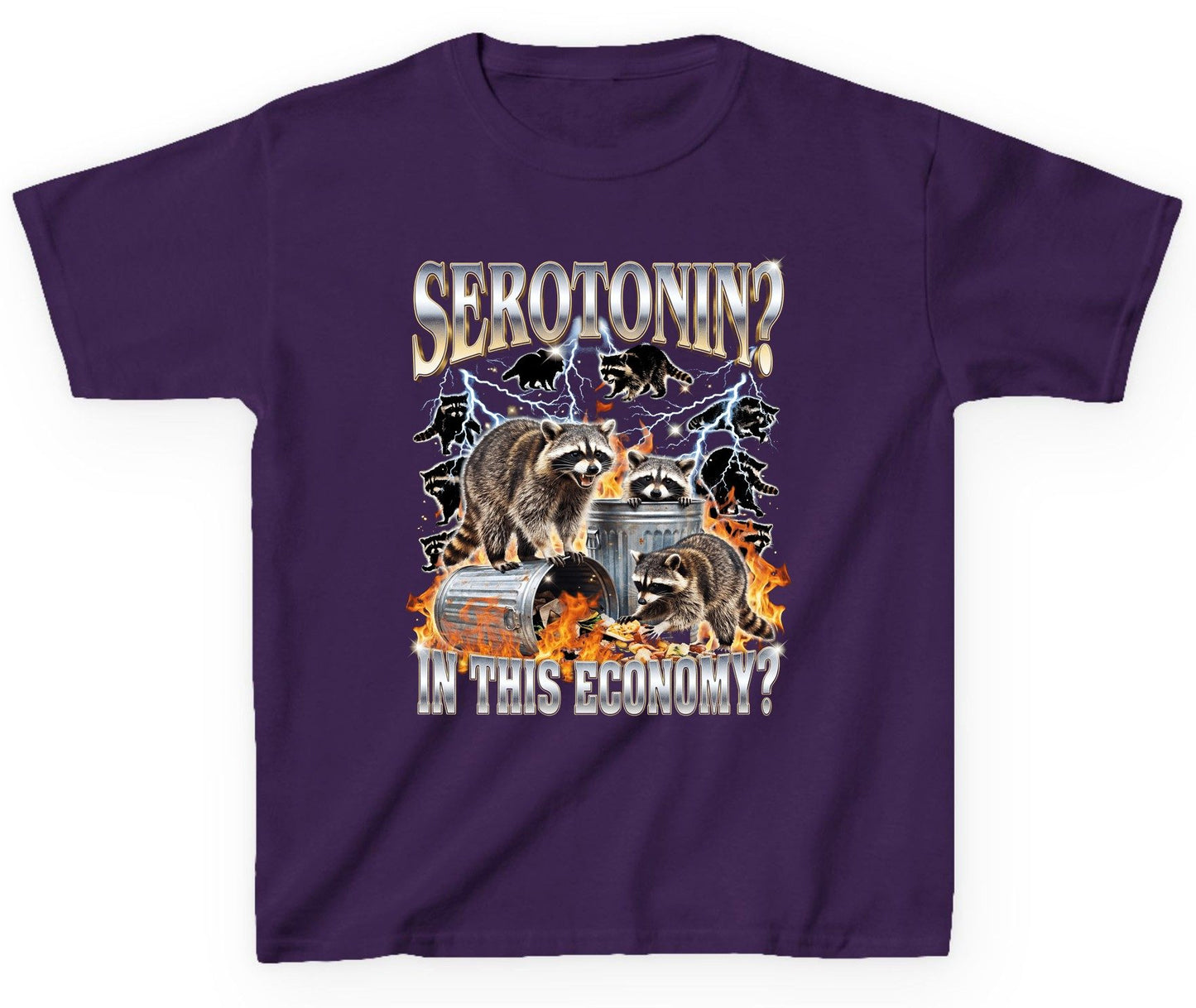 Serotonin in This Economy? raccoons Youth T-Shirt Purple product mockup