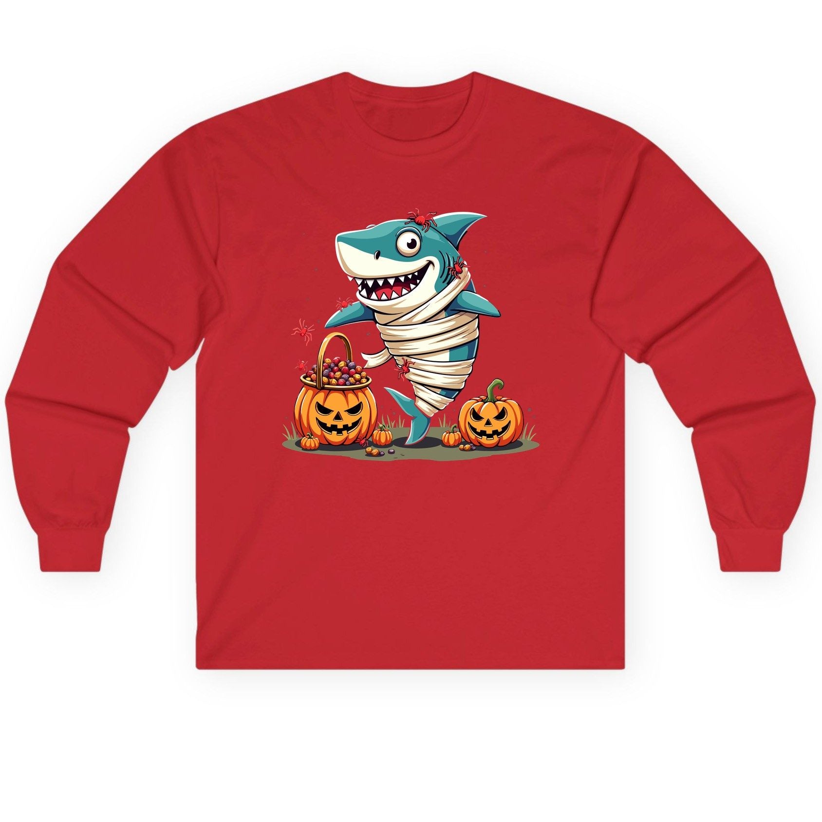 Mummy Shark Halloween shark Long Sleeve Tee Red product mockup