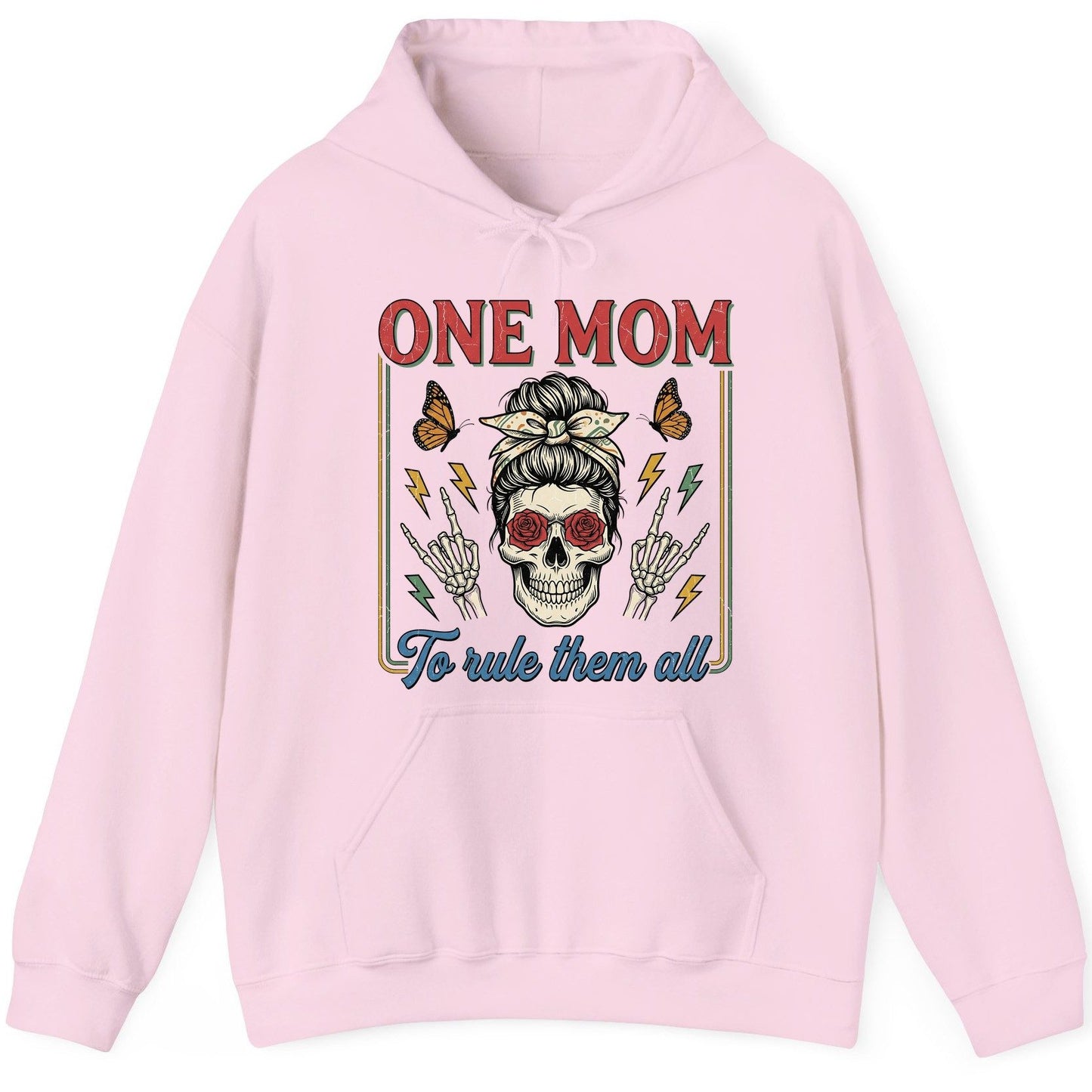 ONE MOM to Rule Them All Funny Skull Hoodie - product mockup - Light Pink