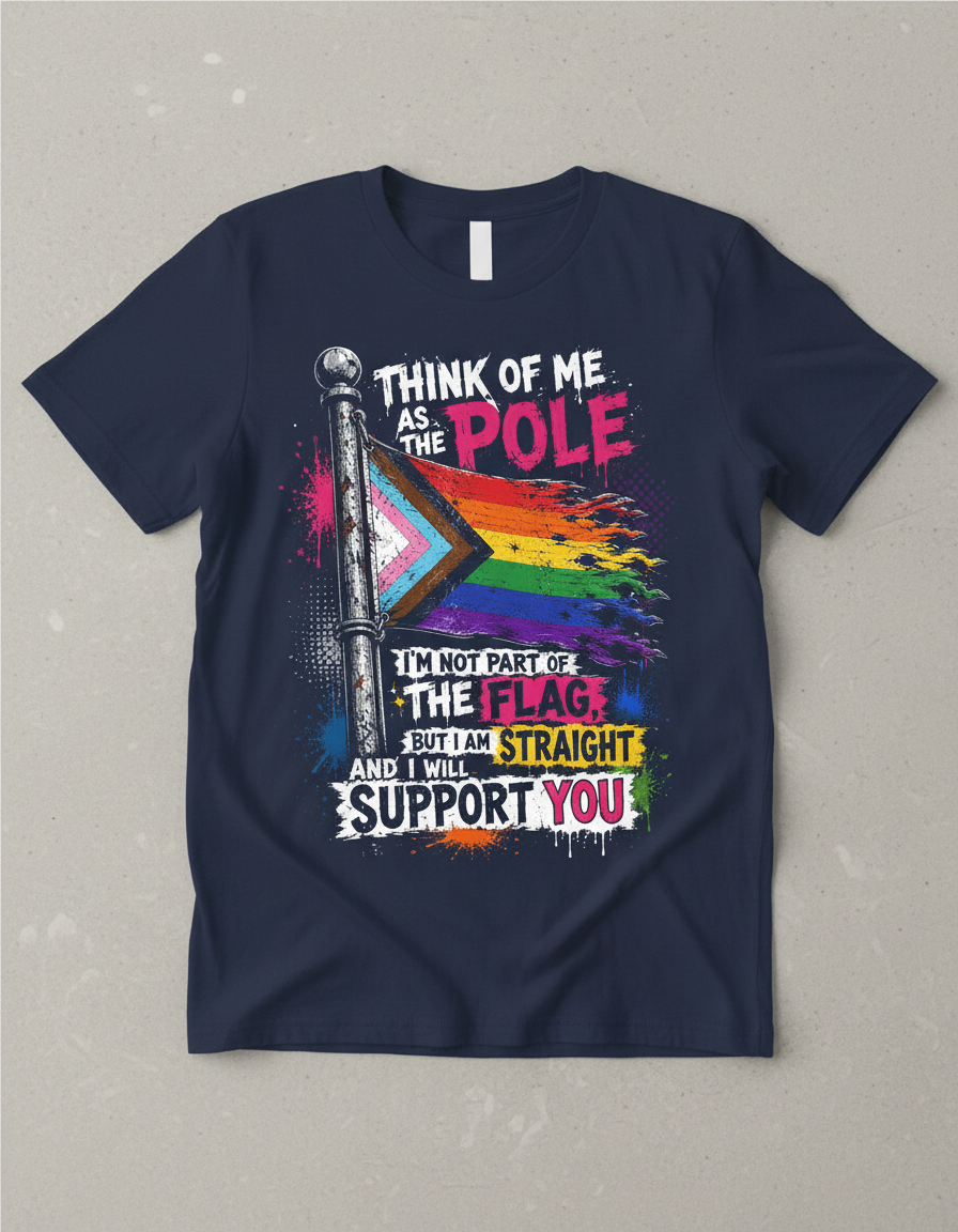 Straight Ally LGBTQ+ Support Pole and Flag T-Shirt - Navy