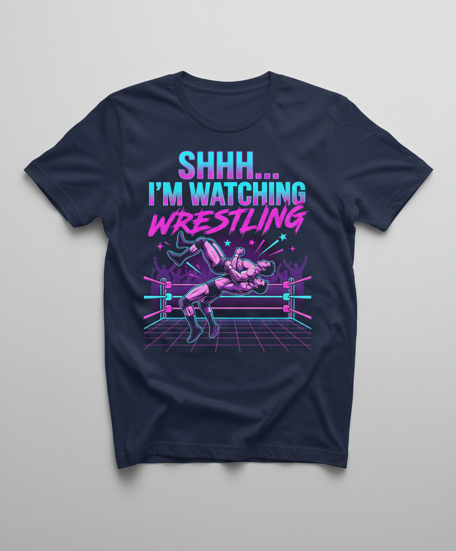 Shhh I'm Watching Wrestling Retro 80s Design T-Shirt - Navy