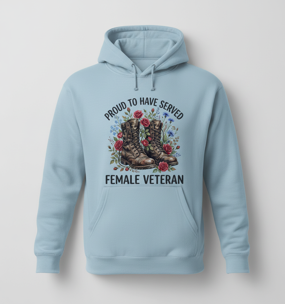 Proud To Have Served Female Veteran Combat Boots And Flowers Hoodie - Light Blue