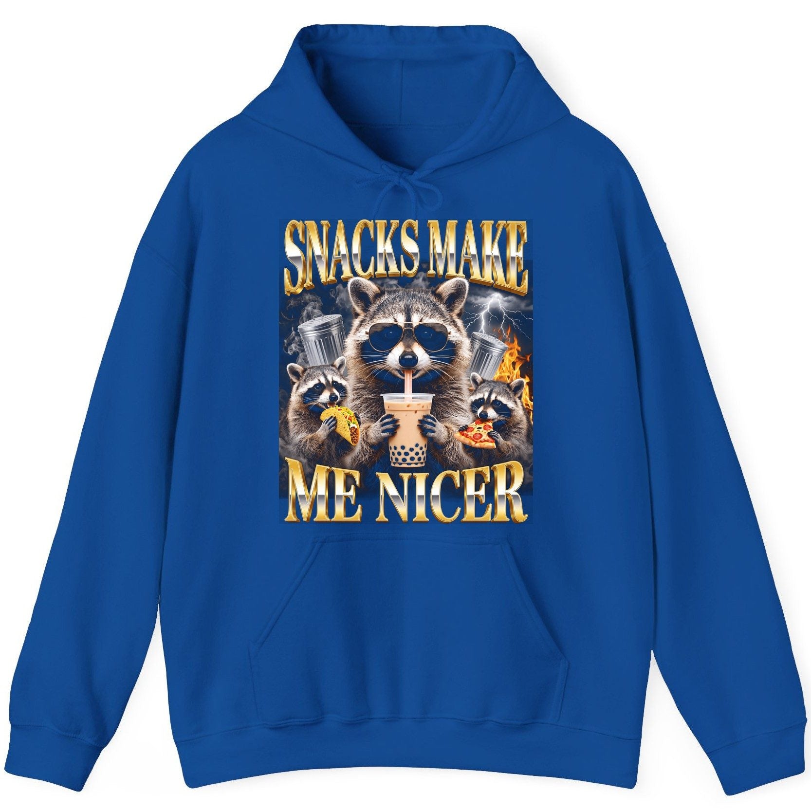 SNACKS MAKE ME NICER Funny Raccoon Hoodie - product mockup - Royal