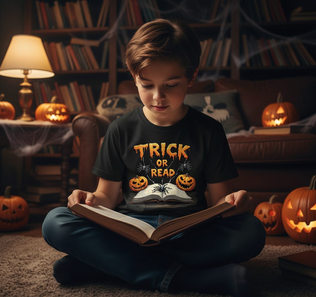 Trick or Read Halloween reading Youth T-Shirt Black lifestyle mockup