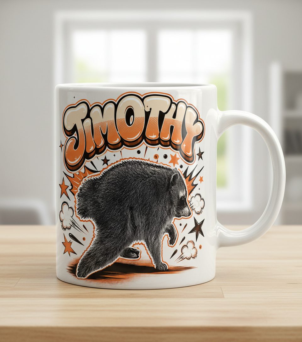 Timothy Retro Raccoon White Mug - product mockup - White