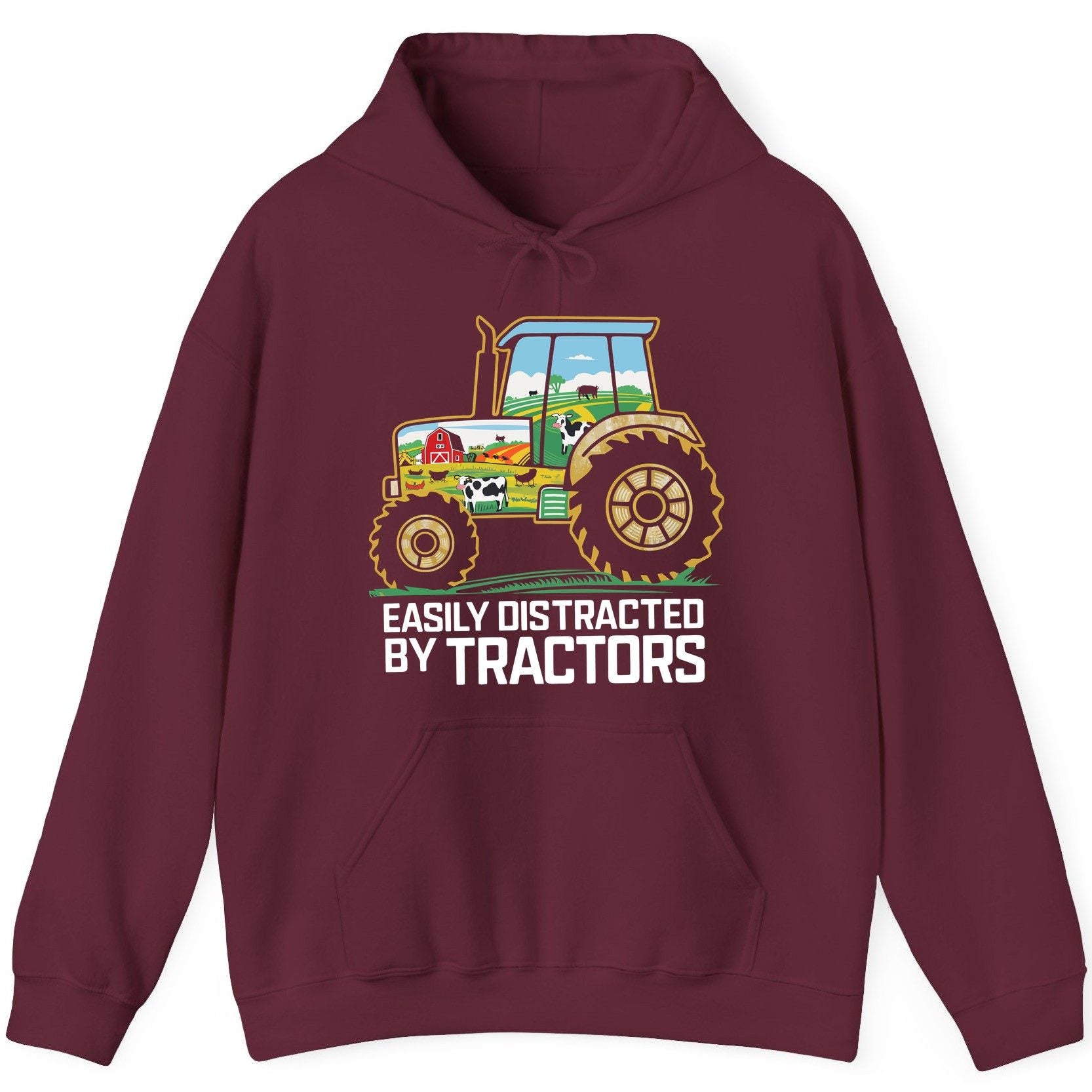 Easily Distracted by Tractors farming Hoodie Maroon product mockup