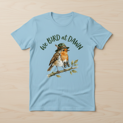 Watercolor Robin Birdwatcher with Hat and Binoculars T-Shirt - product mockup - Light Blue