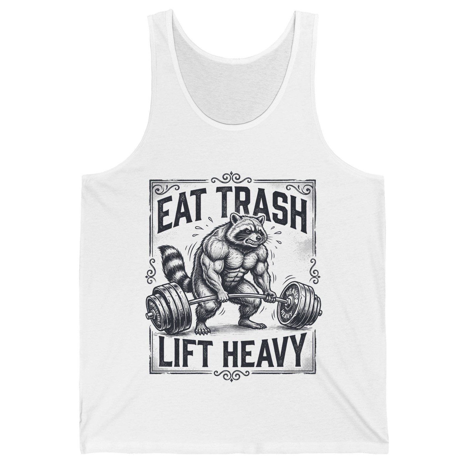Eat Trash Lift Heavy raccoon Tank Top White product mockup