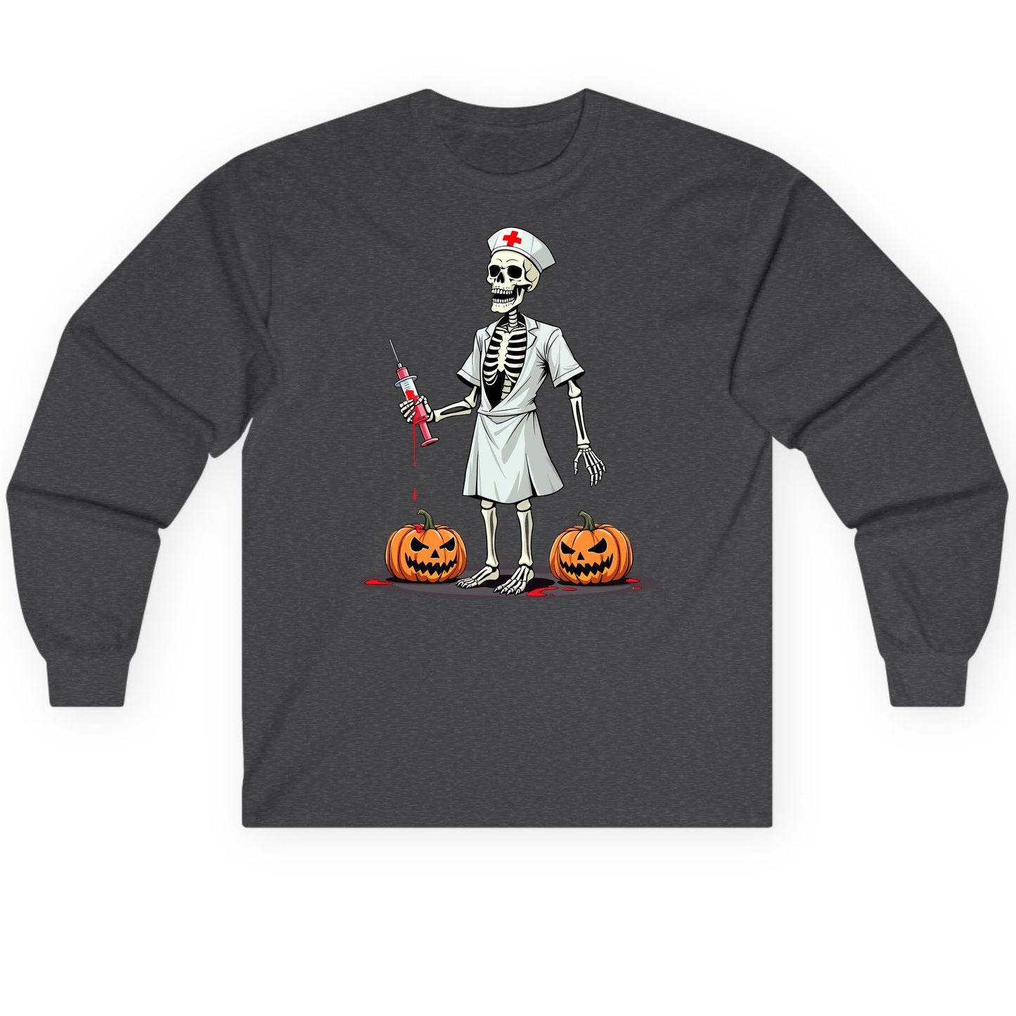 Spooky Skeleton Nurse Halloween skeleton nurse Long Sleeve Tee Dark Heather product mockup