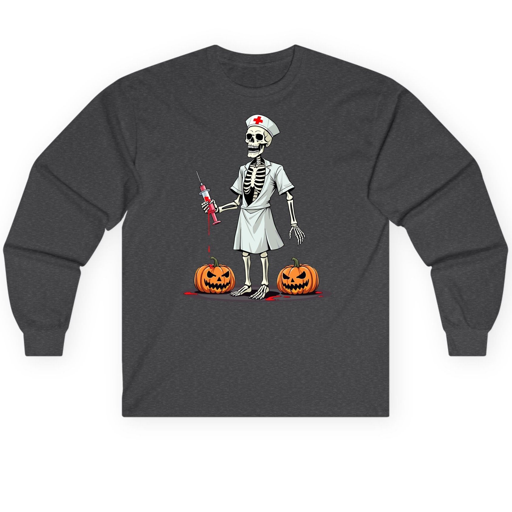 Spooky Skeleton Nurse Halloween skeleton nurse Long Sleeve Tee Dark Heather product mockup