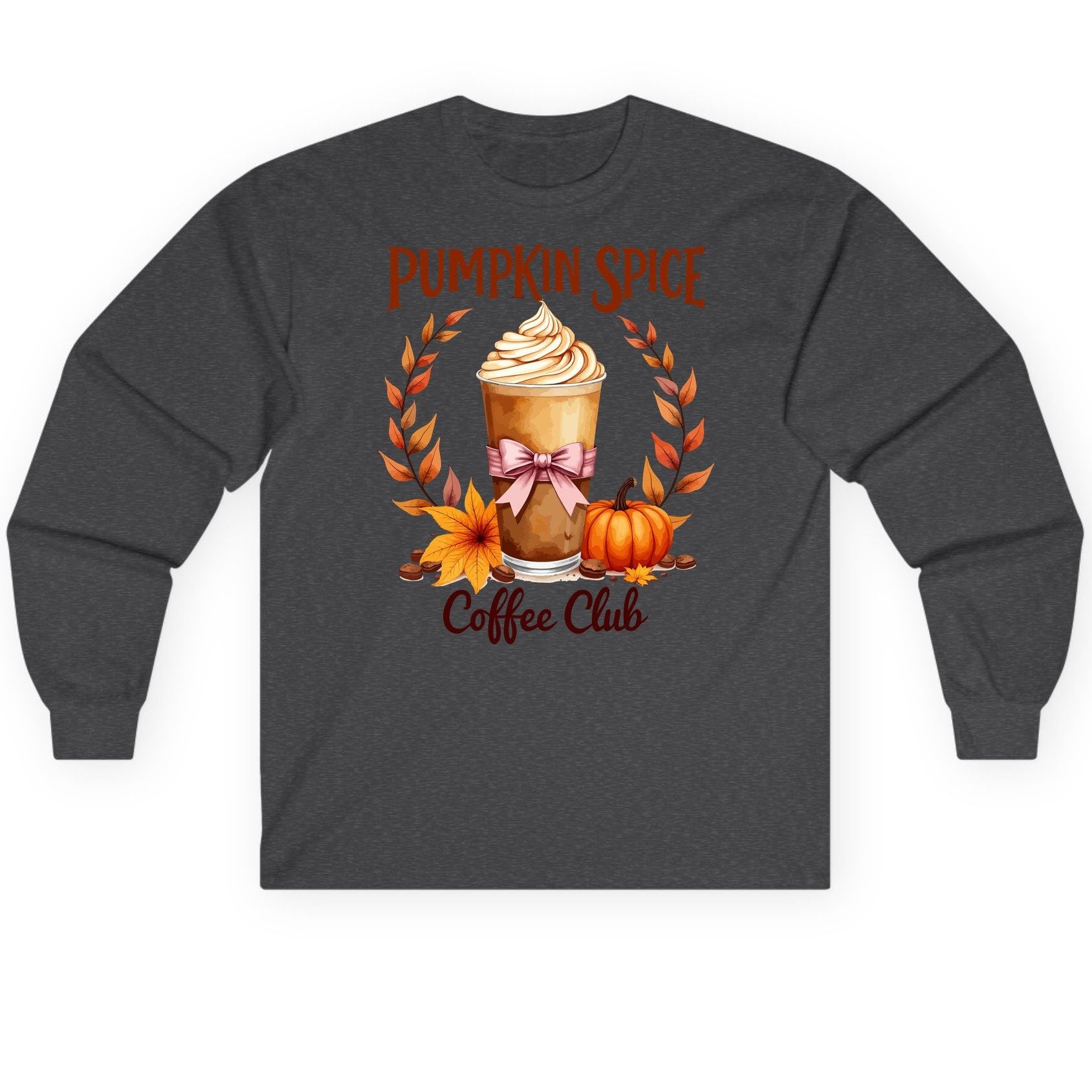 Pumpkin Spice Coffee Club pumpkin spice latte Long Sleeve Tee Dark Heather product mockup