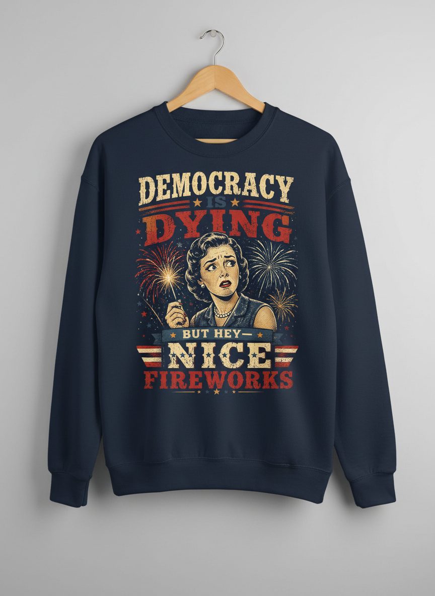 Democracy Is Dying but Hey Nice Fireworks Sweatshirt - product mockup - Navy